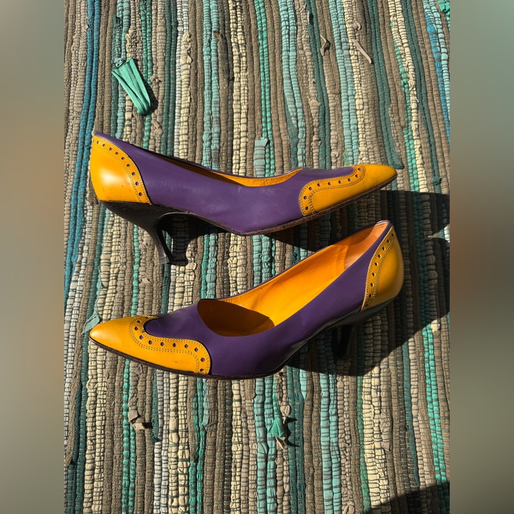 90s Miu Miu Purple and Yellow Colorblock Heels Sz 9 - Picture 2 of 10